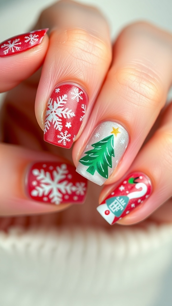 Winter Christmas nail art with snowflakes and Christmas trees in vibrant colors.